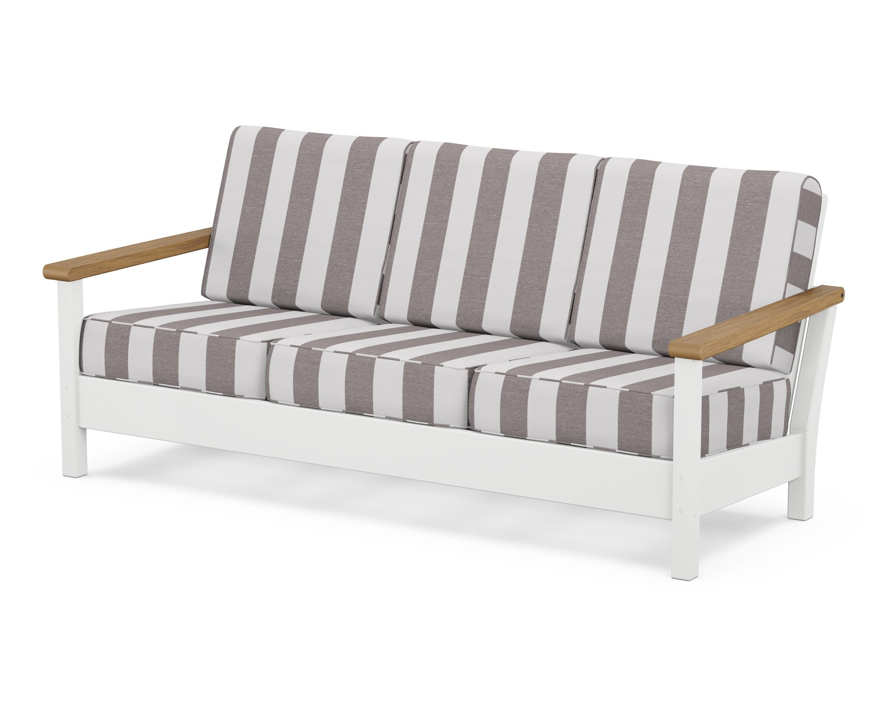 POLYWOOD® Harbour Deep Seating Sofa in White / Natural / Cabana Stripe Grey Mist