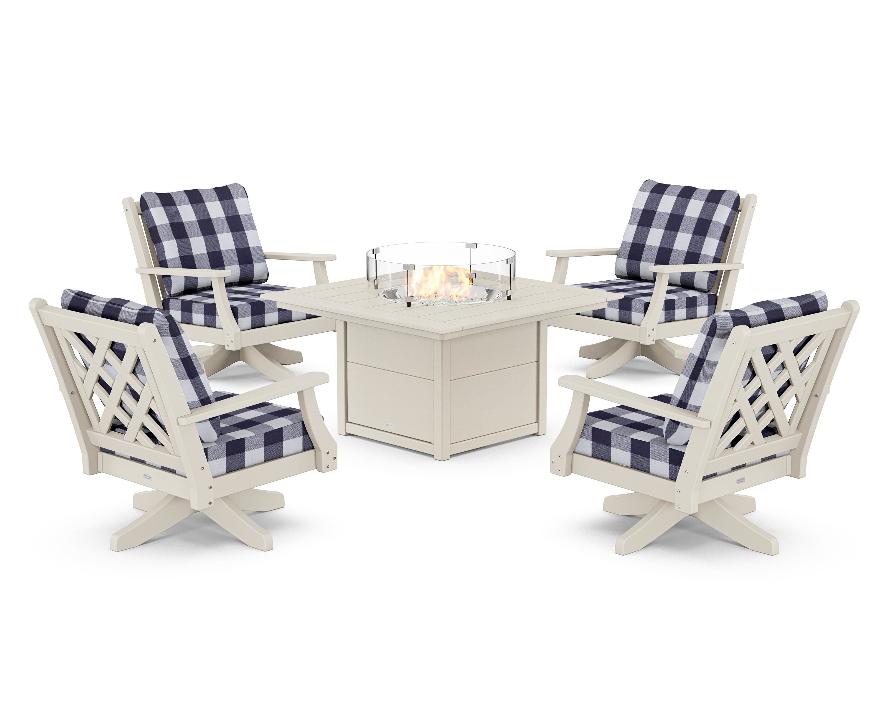 Country Living Wovendale 5-Piece Deep Seating Swivel Conversation Set with Fire Pit Table in Sand / Buffalo Plaid Navy