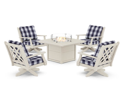 Country Living Wovendale 5-Piece Deep Seating Swivel Conversation Set with Fire Pit Table in Sand / Buffalo Plaid Navy