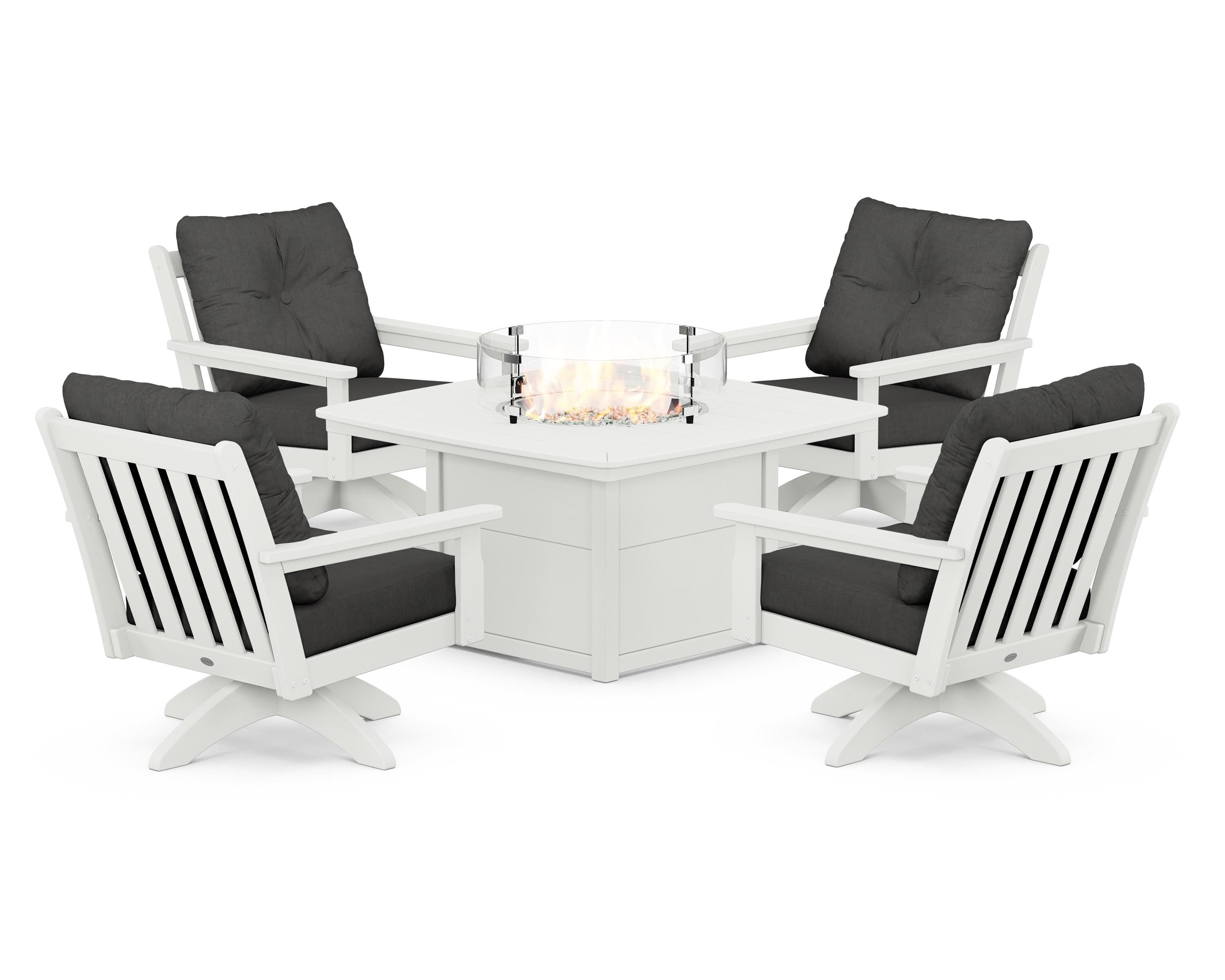 POLYWOOD® Vineyard 5-Piece Deep Seating Swivel Conversation Set with Fire Pit Table in Vintage White / Spectrum Carbon