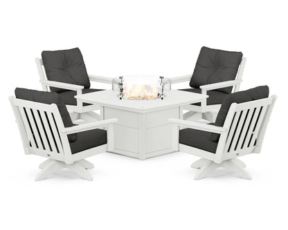 POLYWOOD® Vineyard 5-Piece Deep Seating Swivel Conversation Set with Fire Pit Table in Vintage White / Spectrum Carbon