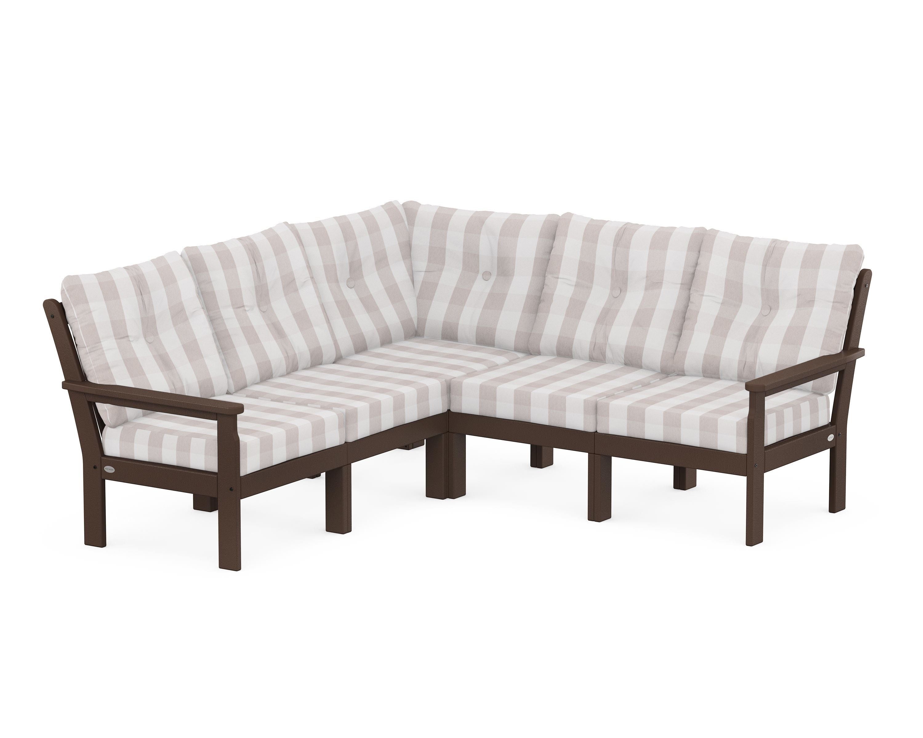 POLYWOOD® Vineyard 5-Piece Sectional in Mahogany / Buffalo Plaid Dune Burlap