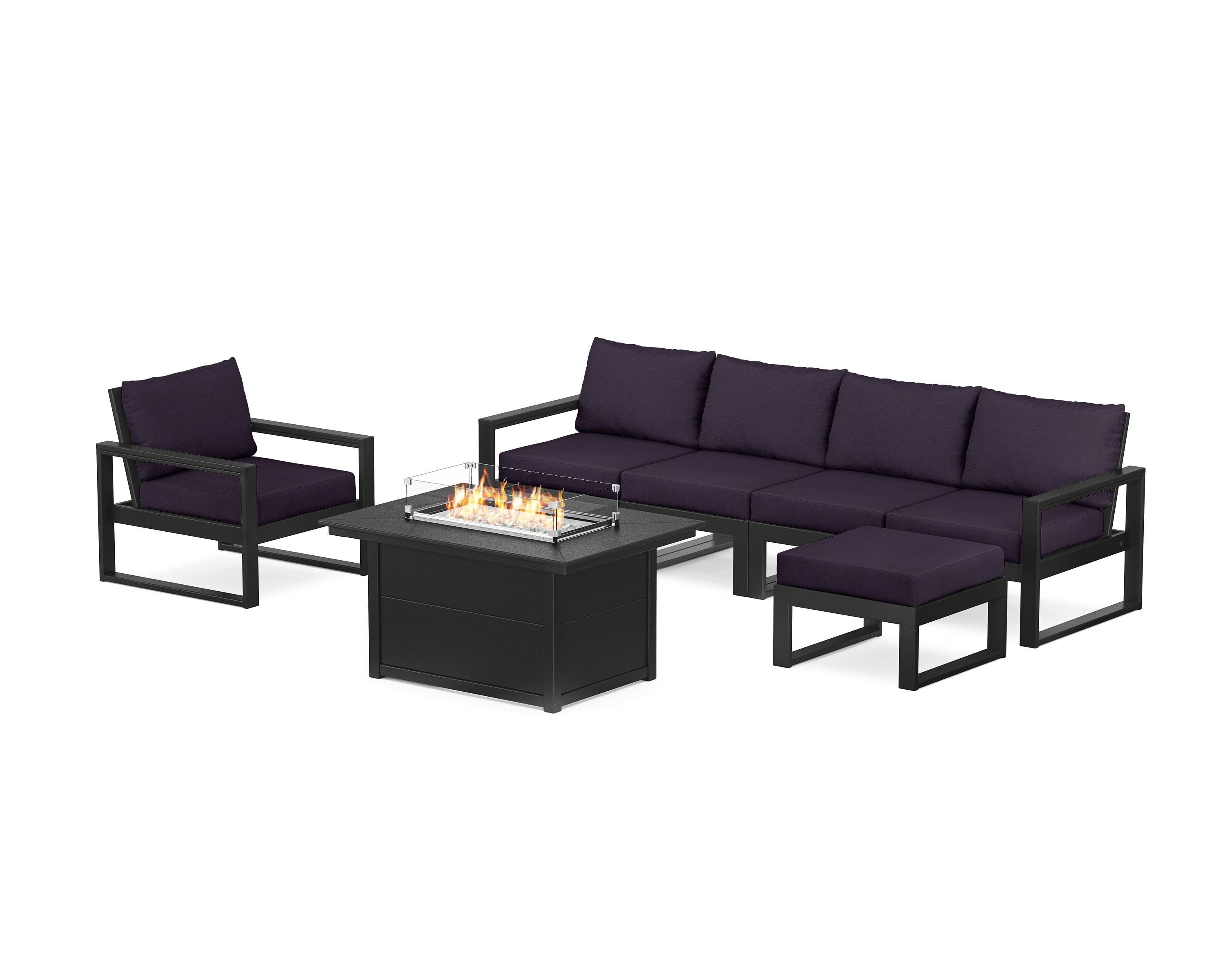 POLYWOOD® EDGE Sectional Lounge and Fire Pit Set in Black / Navy Linen