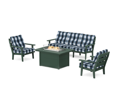 POLYWOOD® Lakeside Deep Seating Fire Pit Table Set in Green / Buffalo Plaid Marine Indigo