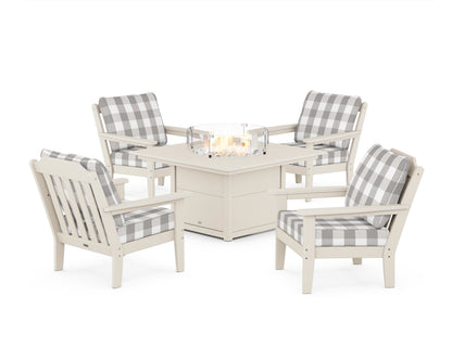 Country Living Cottage 5-Piece Deep Seating Set with Fire Pit Table in Sand / Buffalo Plaid Grey Mist