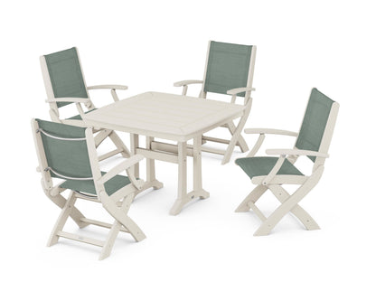 POLYWOOD® Coastal Folding Chair 5-Piece Dining Set with Trestle Legs in Sand / Dupioni Sea Mist Sling