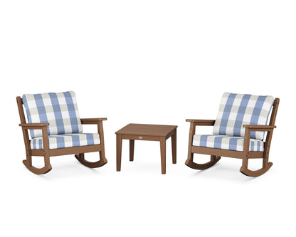 POLYWOOD® Chippendale 3-Piece Deep Seating Rocker Set in Teak / Buffalo Plaid Sky Blue