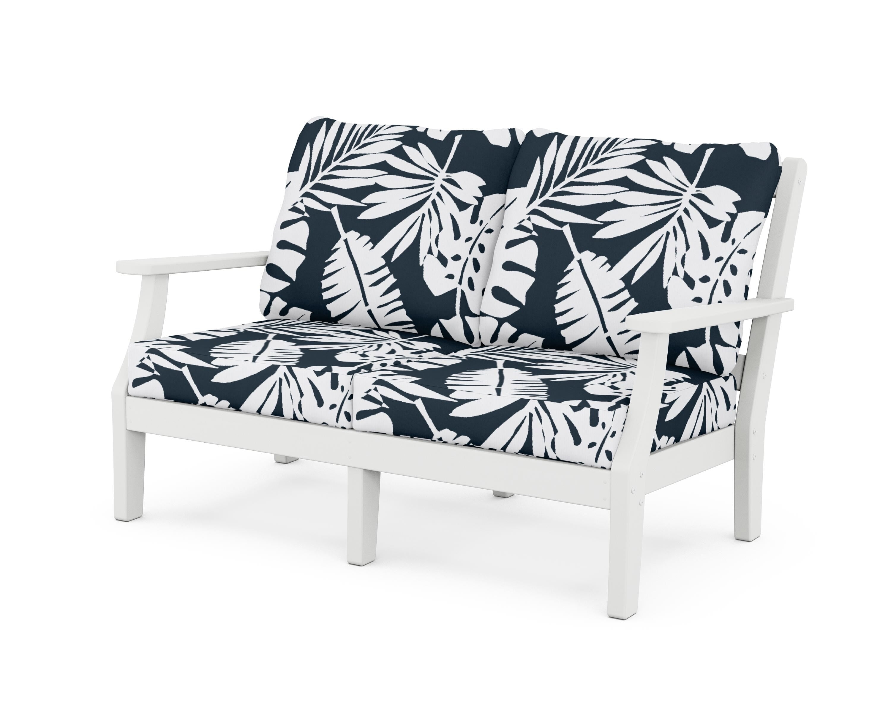 Martha Stewart by POLYWOOD® Chinoiserie Deep Seating Loveseat in White / Leaf Marine Indigo