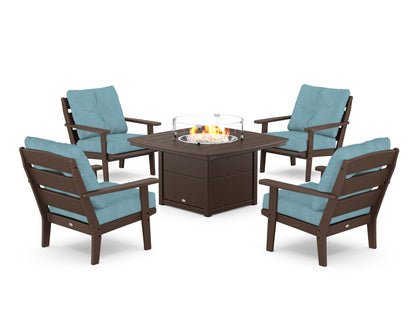 POLYWOOD® Lakeside 5-Piece Deep Seating Set with Nautical Fire Pit Table in Mahogany / Lattice Sky Blue