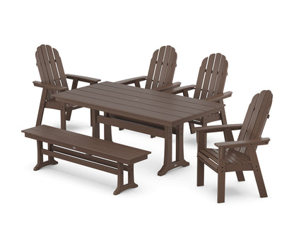 POLYWOOD® Vineyard Curveback Adirondack Chair 6-Piece Farmhouse Dining Set with Trestle Legs and Bench in Mahogany