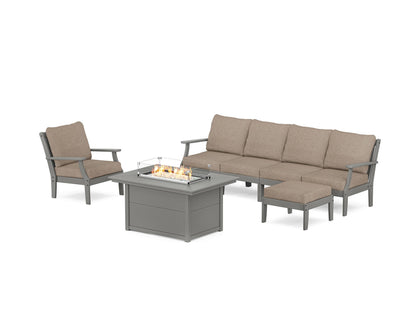 POLYWOOD® Braxton Sectional Lounge and Fire Pit Set in Slate Grey / Spiced Burlap