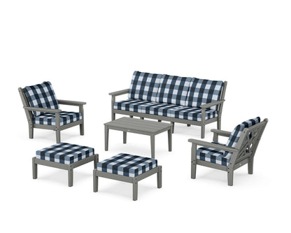 POLYWOOD® Chippendale 6-Piece Lounge Sofa Set in Slate Grey / Buffalo Plaid Marine Indigo