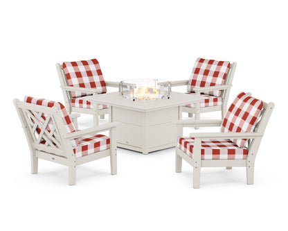 POLYWOOD® Chippendale 5-Piece Deep Seating Set with Fire Pit Table in Sand / Buffalo Plaid Crimson