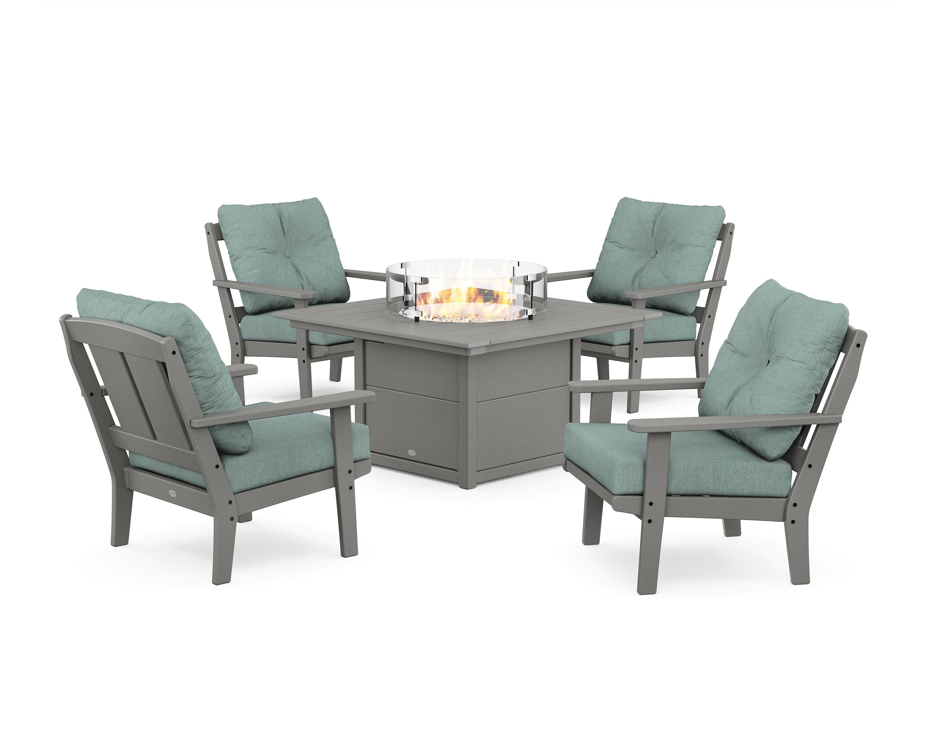 POLYWOOD® Mission 5-Piece Deep Seating Set with Fire Pit Table in Slate Grey / Glacier Spa