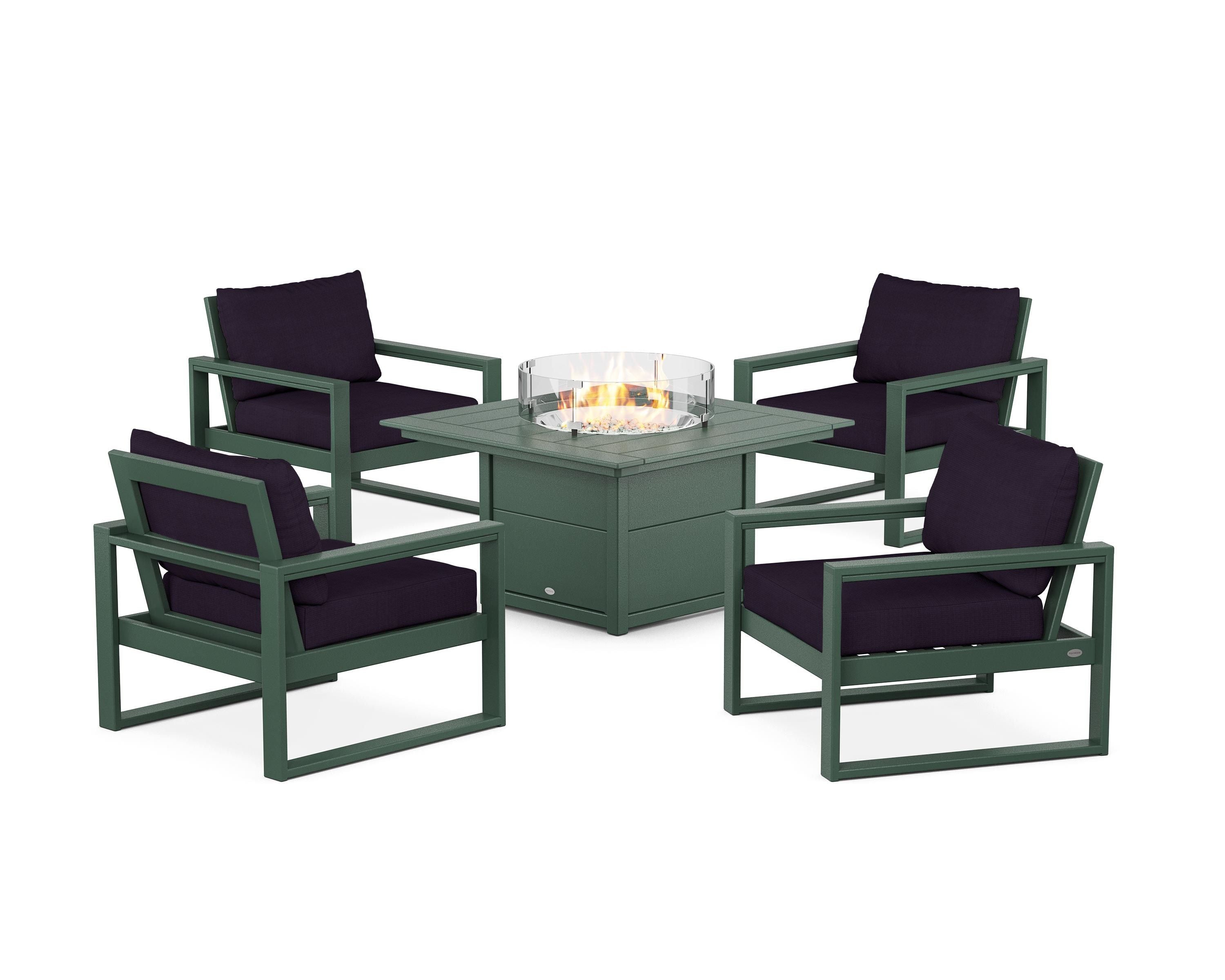 POLYWOOD® EDGE Sectional 5-Piece Deep Seating Set with Fire Pit Table in Green / Navy Linen