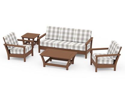 POLYWOOD® Harbour 5-Piece Deep Seating Set in Teak / Buffalo Plaid Grey Mist