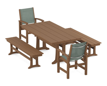 POLYWOOD® Coastal 5-Piece Farmhouse Dining Set with Trestle Legs and Benches in Teak / Dupioni Sea Mist Sling