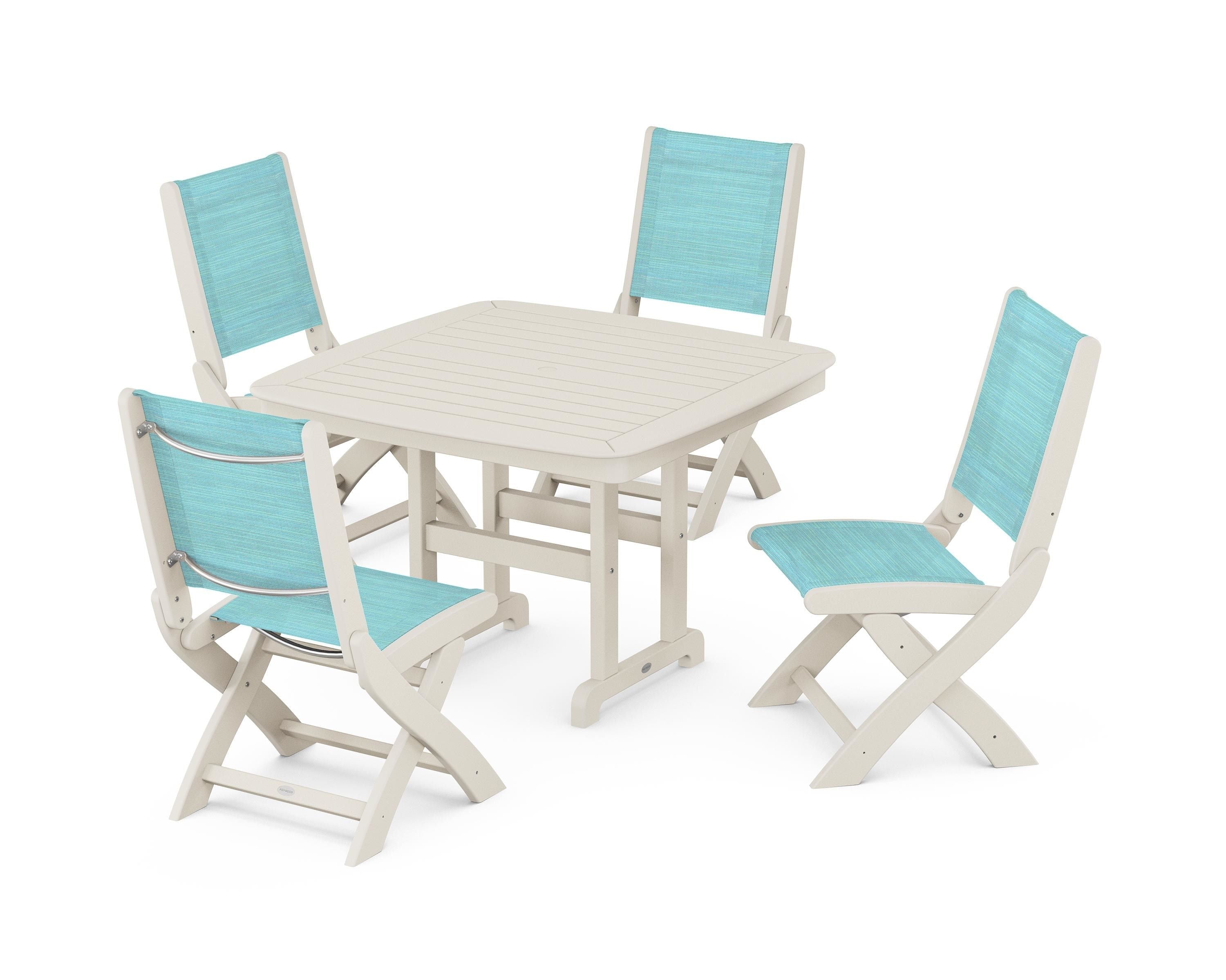 POLYWOOD® Coastal Folding Side Chair 5-Piece Dining Set in Sand / Dupioni Aquamarine Sling