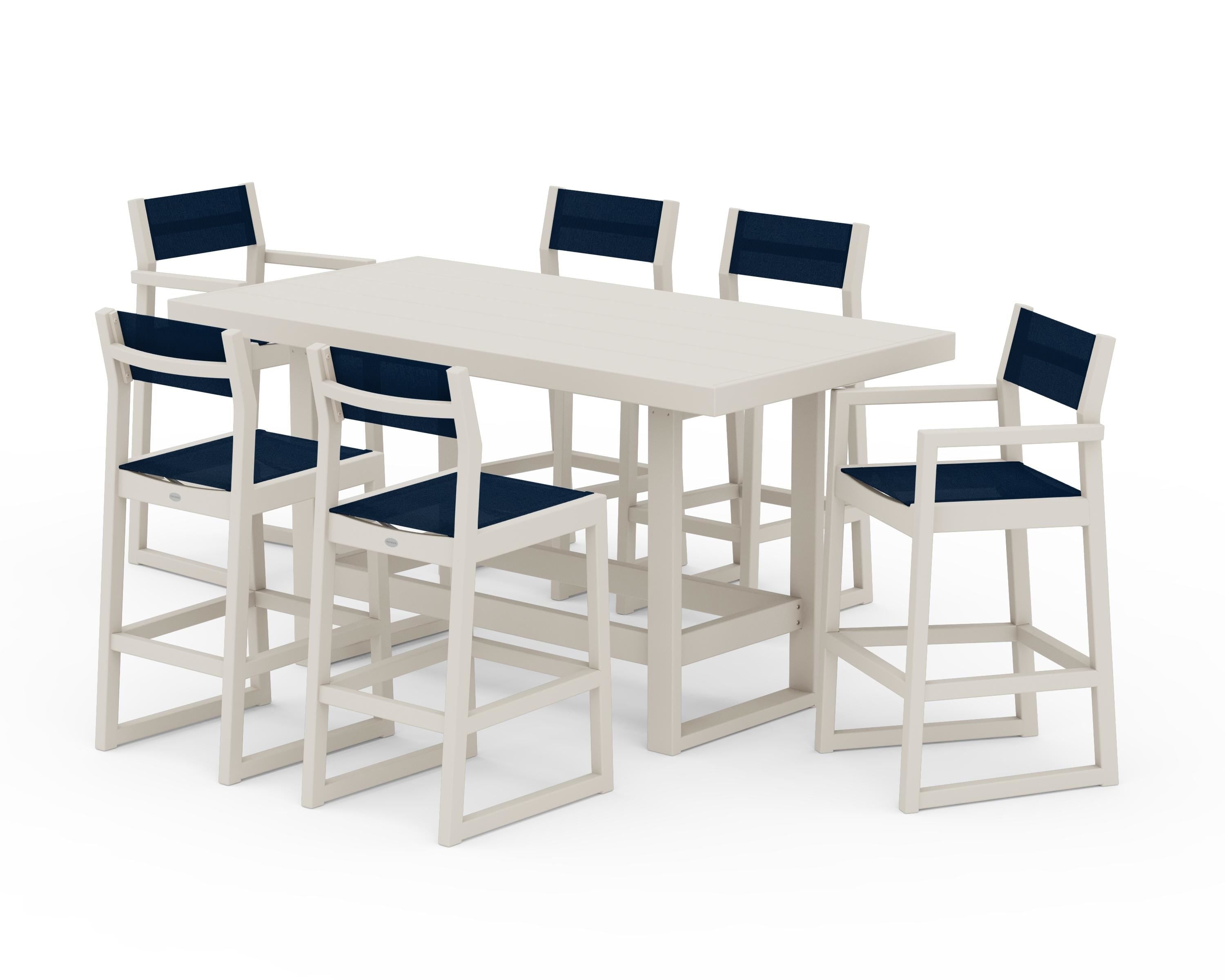 POLYWOOD® EDGE Sling 7-Piece Bar Table Set in Sand / Navy Blue Sling
