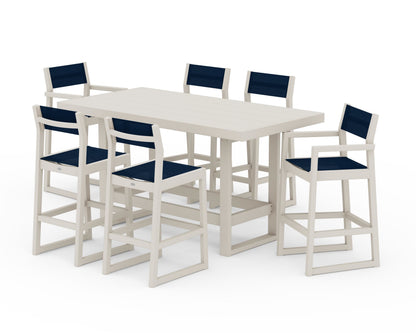 POLYWOOD® EDGE Sling 7-Piece Bar Table Set in Sand / Navy Blue Sling