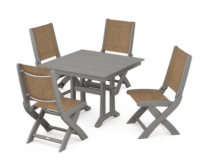 POLYWOOD® Coastal Folding Side Chair 5-Piece Farmhouse Dining Set With Trestle Legs in Slate Grey / Burlap Sling