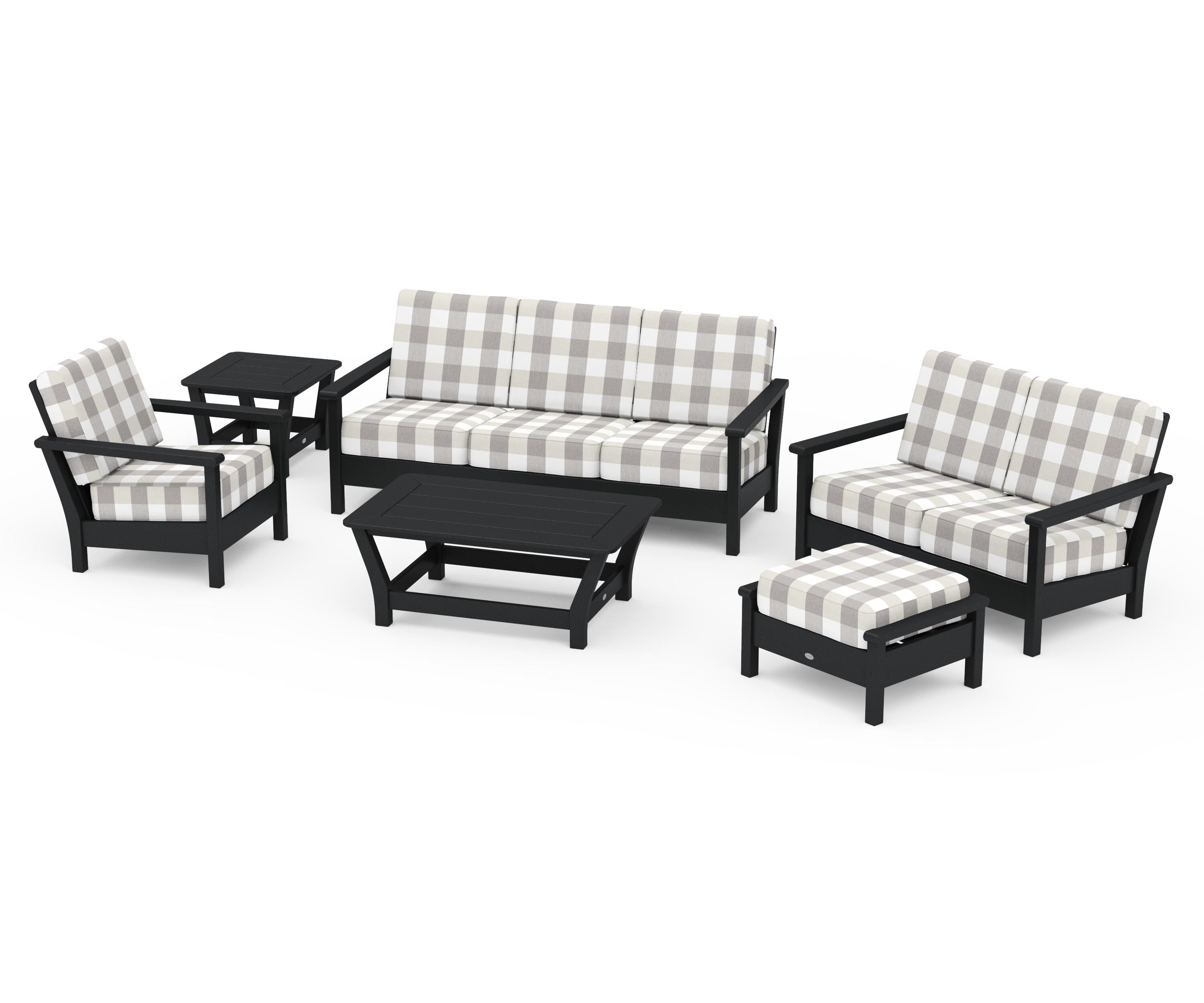 POLYWOOD® Harbour 6-Piece Outdoor Living Set in Black / Buffalo Plaid Grey Mist