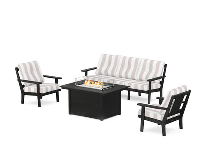 POLYWOOD® Prairie Deep Seating Fire Pit Table Set in Black / Cabana Stripe Dune Burlap
