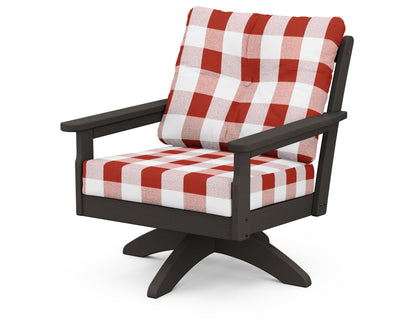 POLYWOOD® Vineyard Deep Seating Swivel Chair in Vintage Coffee / Buffalo Plaid Crimson