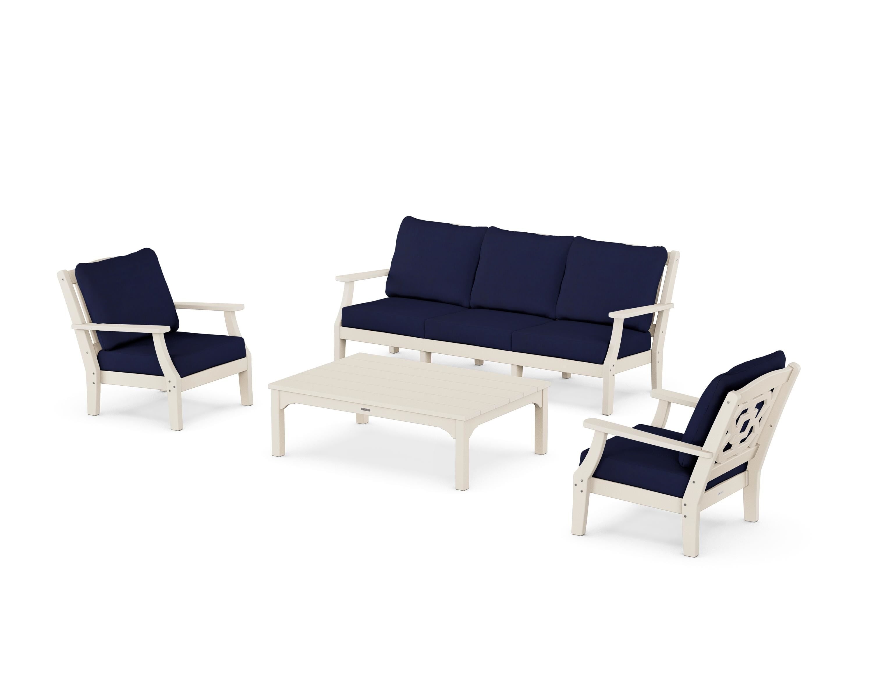 Martha Stewart by POLYWOOD® Chinoiserie 4-Piece Deep Seating Set with Sofa in Sand / Navy