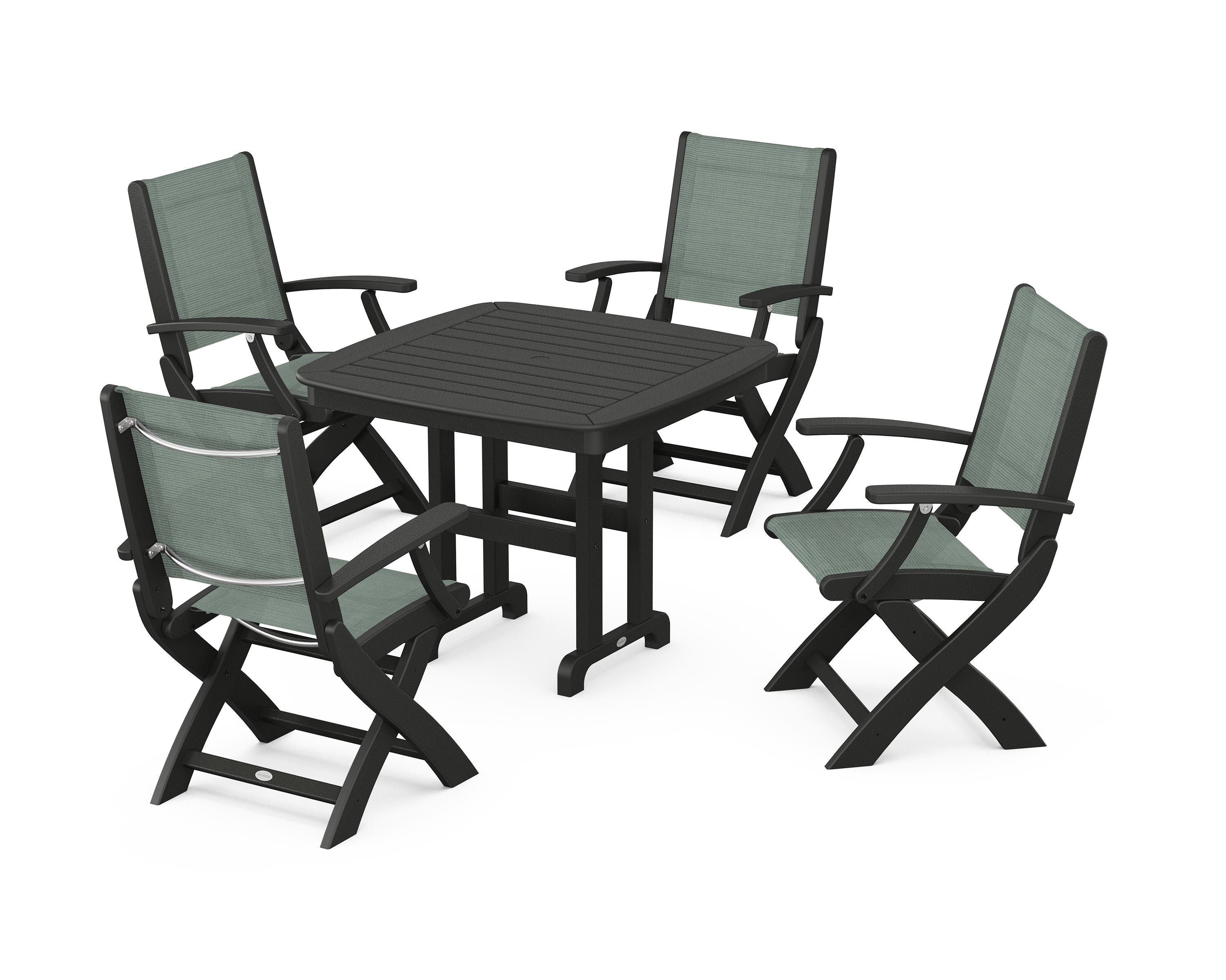 POLYWOOD® Coastal Folding Chair 5-Piece Dining Set in Black / Dupioni Sea Mist Sling