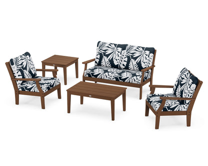 POLYWOOD® Braxton 5-Piece Deep Seating Set in Teak / Leaf Marine Indigo