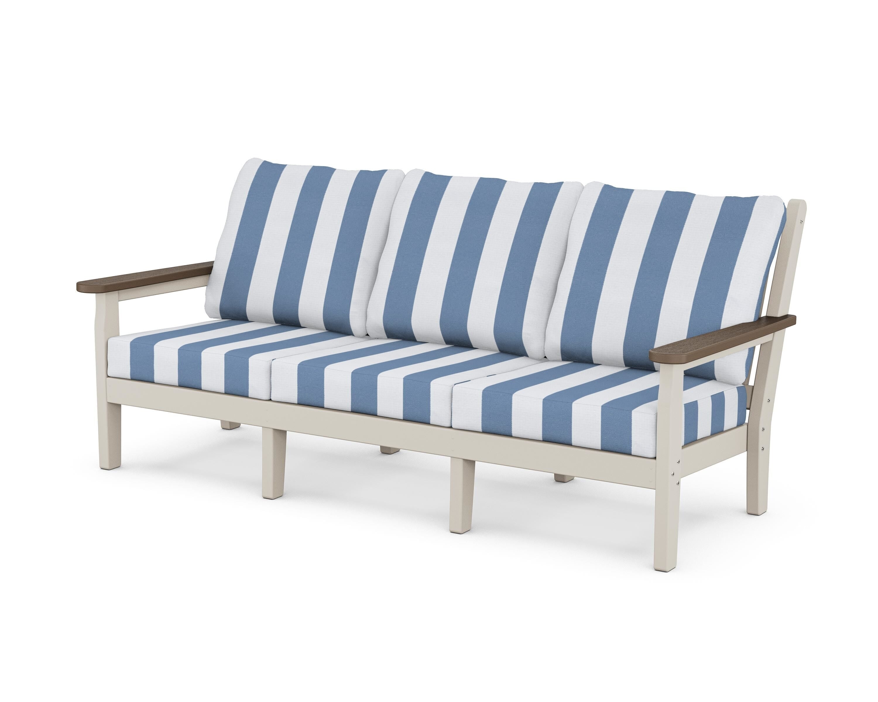 POLYWOOD® Chippendale Deep Seating Sofa in Sand / Kona / Cabana Stripe Sky Blue