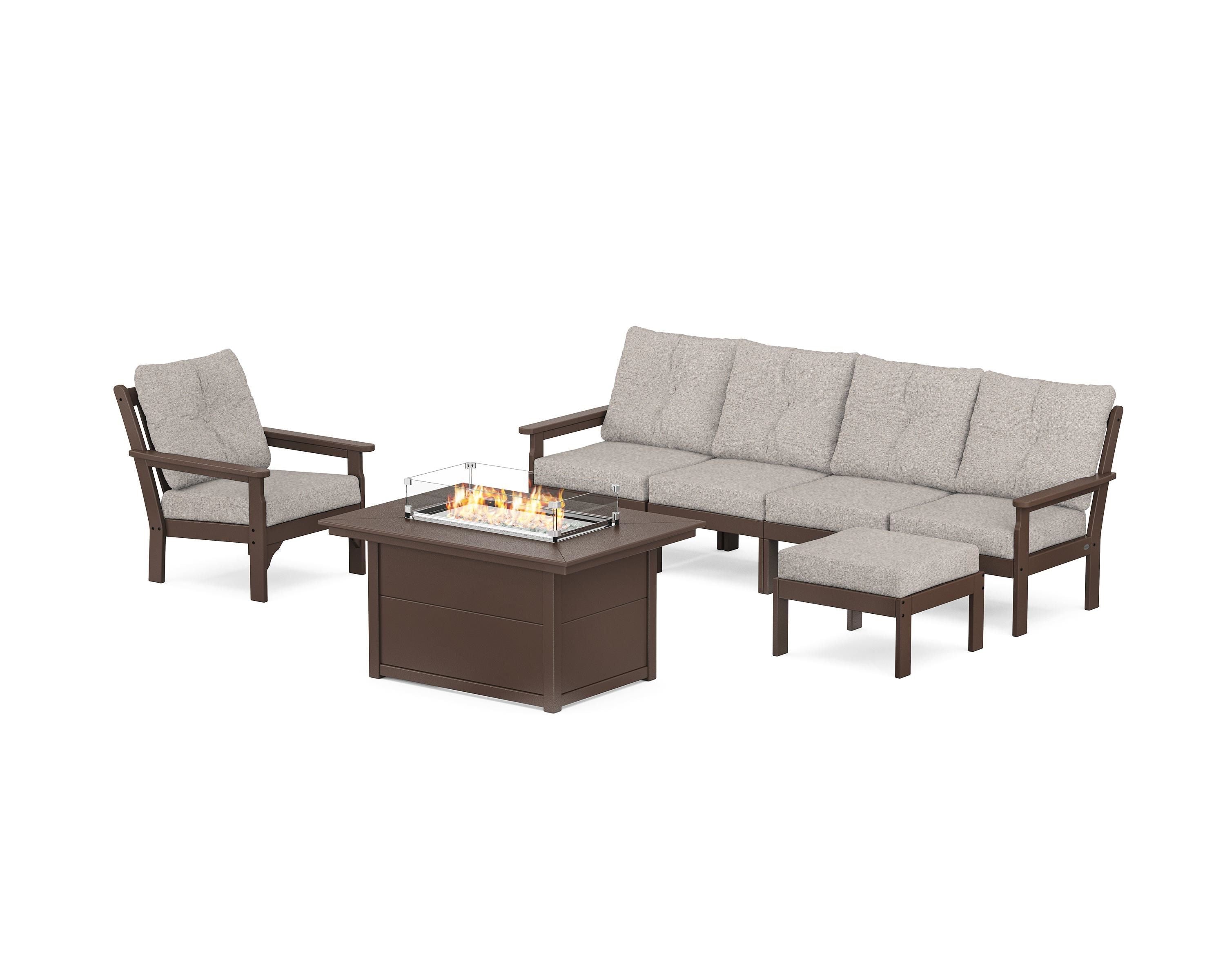 POLYWOOD® Vineyard Sectional Lounge and Fire Pit Set in Mahogany / Weathered Tweed