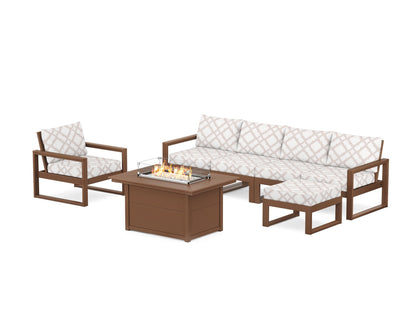 POLYWOOD® EDGE Sectional Lounge and Fire Pit Set in Teak / Trellis Dune Burlap
