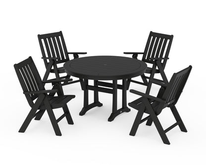 POLYWOOD® Vineyard Folding Chair 5-Piece Round Dining Set with Trestle Legs in Black