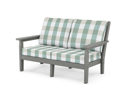 POLYWOOD® Chippendale Deep Seating Loveseat in Slate Grey / Buffalo Plaid Glacier Spa