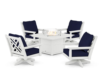 POLYWOOD® Chippendale 5-Piece Deep Seating Swivel Conversation Set with Fire Pit Table in White / Navy