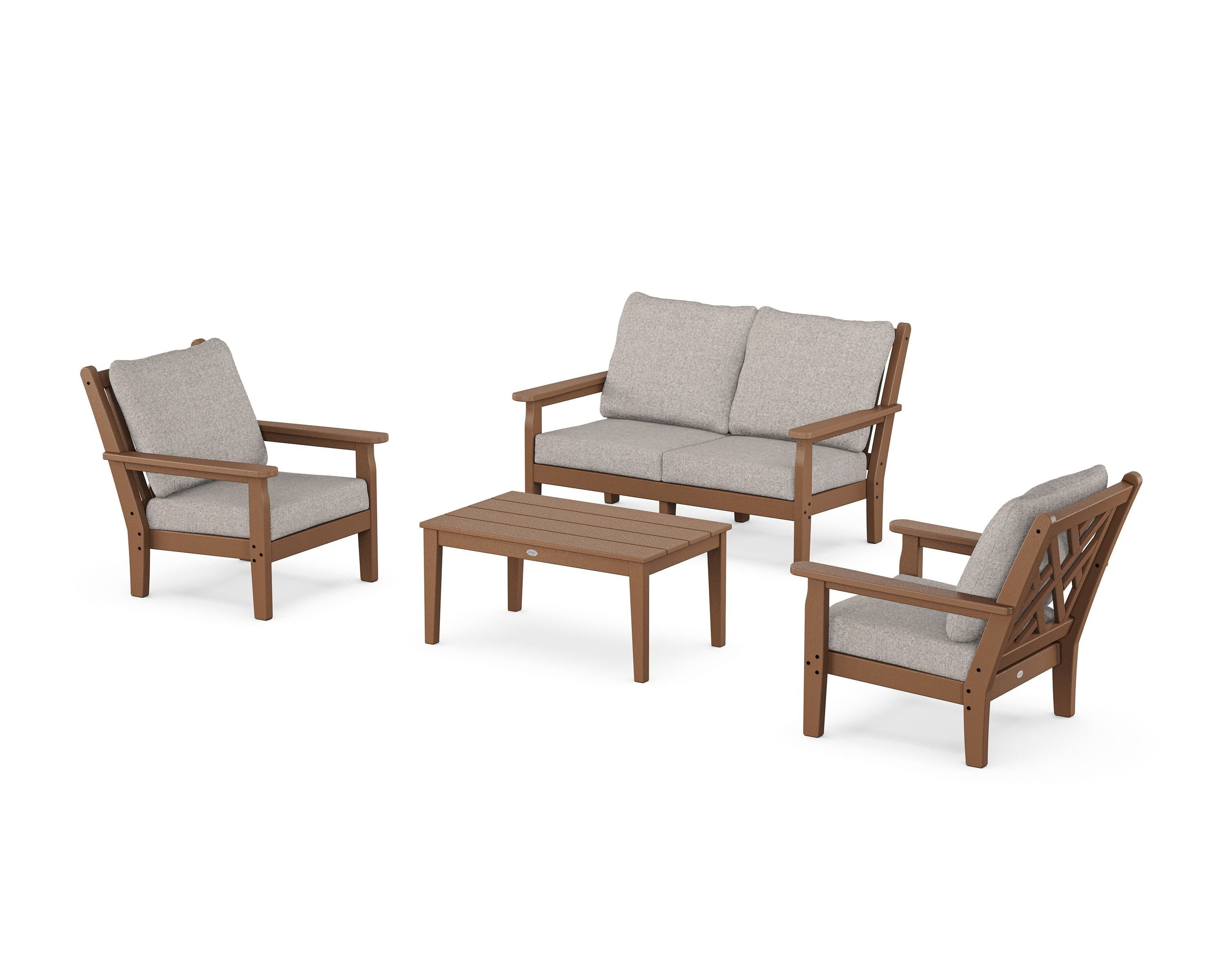 POLYWOOD® Chippendale 4-Piece Deep Seating Set with Loveseat in Teak / Weathered Tweed