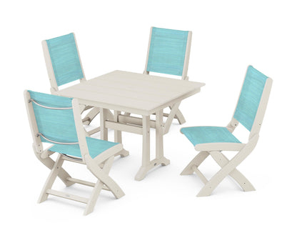 POLYWOOD® Coastal Folding Side Chair 5-Piece Farmhouse Dining Set With Trestle Legs in Sand / Dupioni Aquamarine Sling
