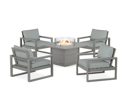 POLYWOOD® EDGE Sectional 5-Piece Deep Seating Set with Fire Pit Table in Slate Grey / Spa
