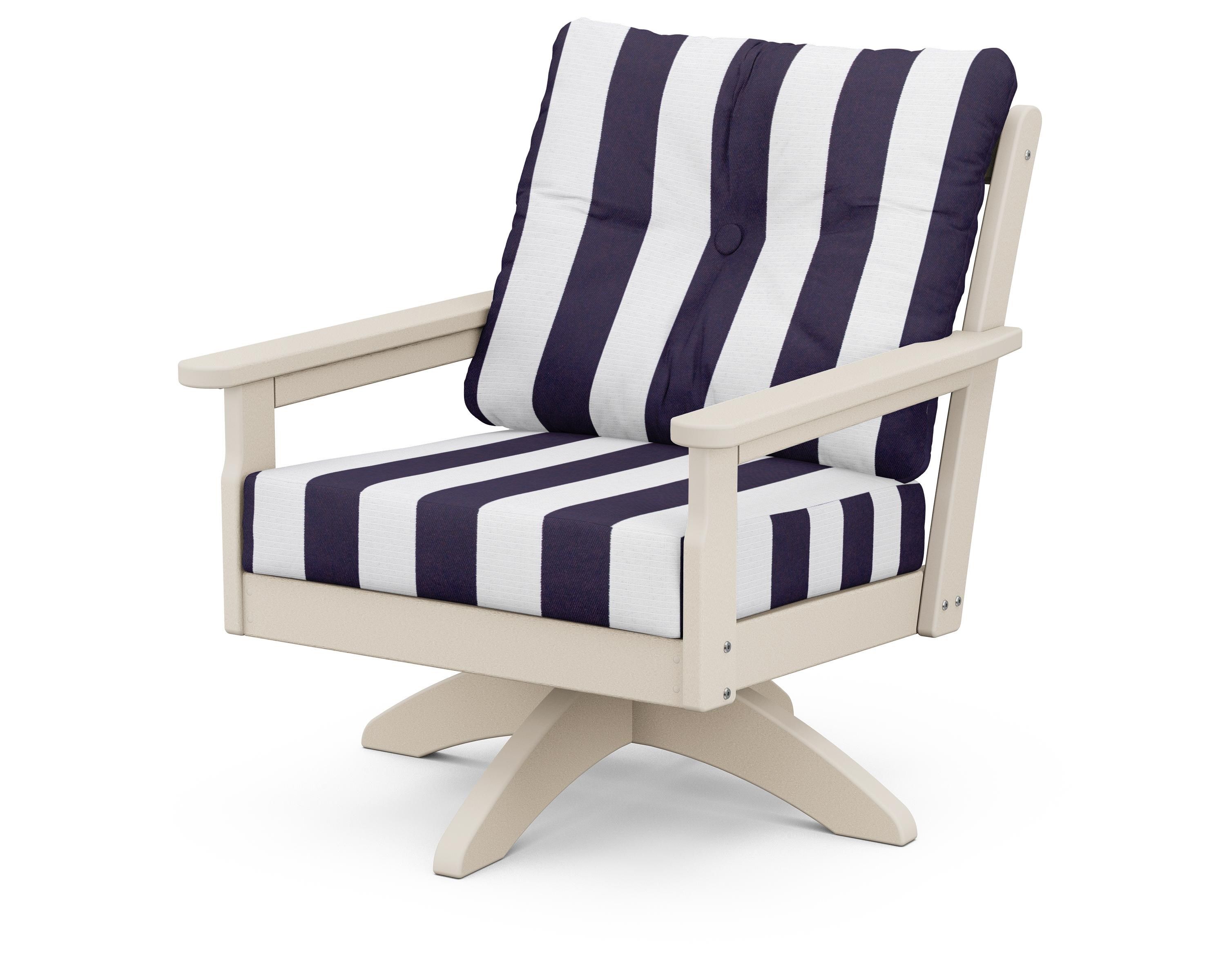 POLYWOOD® Vineyard Deep Seating Swivel Chair in Sand / Cabana Stripe Navy