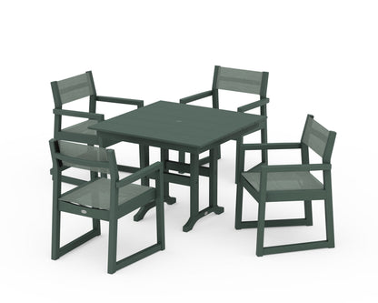 POLYWOOD® EDGE Sling Arm Chair 5-Piece Farmhouse Dining Set in Green / Dupioni Sea Mist Sling