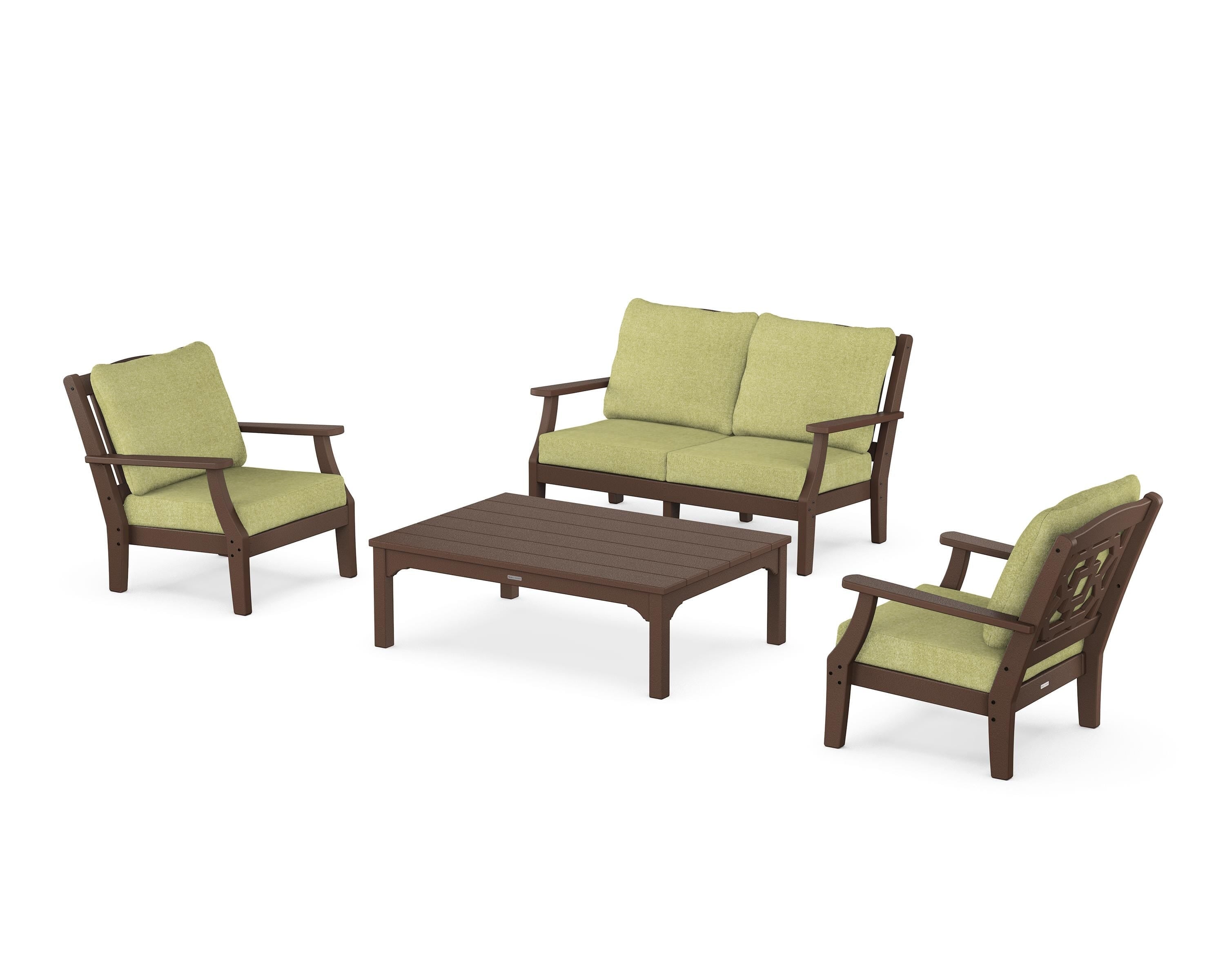 Martha Stewart by POLYWOOD® Chinoiserie 4-Piece Deep Seating Set with Loveseat in Mahogany / Chartreuse Boucle