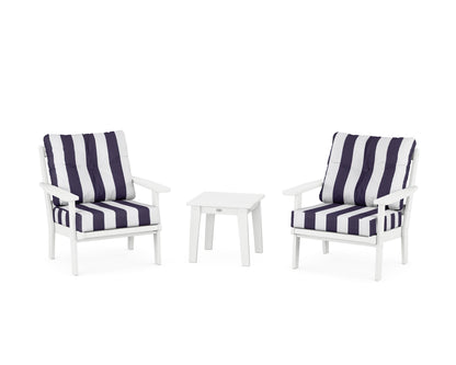 POLYWOOD® Prairie 3-Piece Deep Seating Set in White / Cabana Stripe Navy