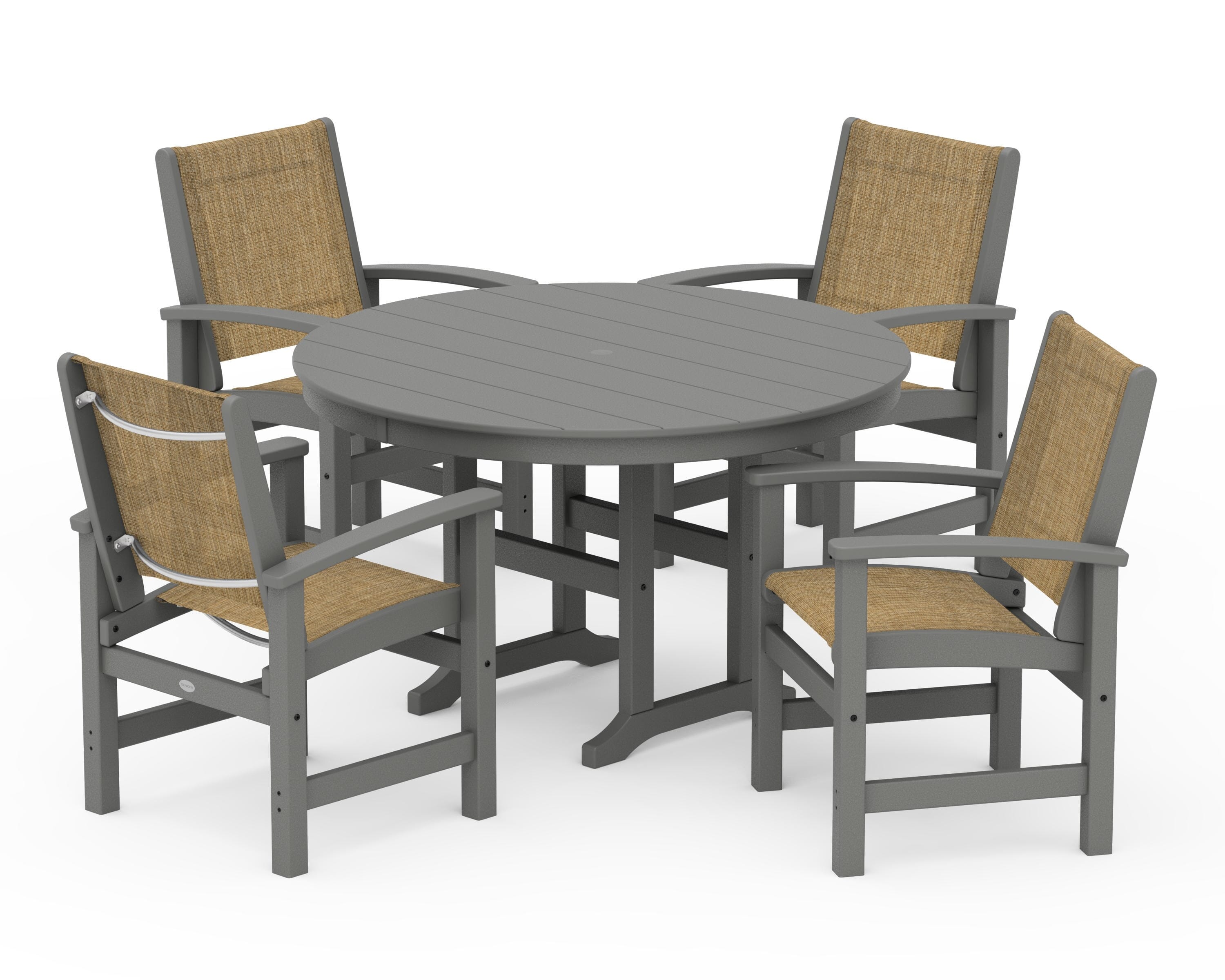 POLYWOOD® Coastal 5-Piece Round Farmhouse Dining Set in Slate Grey / Burlap Sling