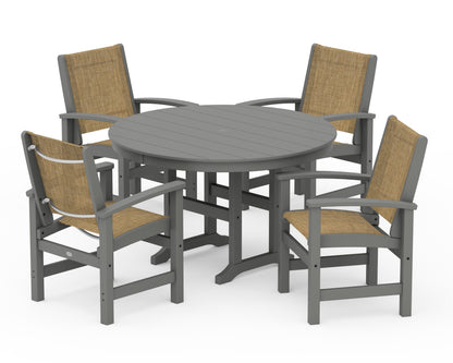POLYWOOD® Coastal 5-Piece Round Farmhouse Dining Set in Slate Grey / Burlap Sling