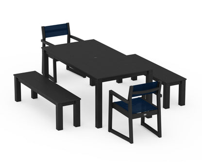 POLYWOOD® EDGE Sling Arm Chair 5-Piece Parsons Dining Set with Benches in Black / Navy Blue Sling