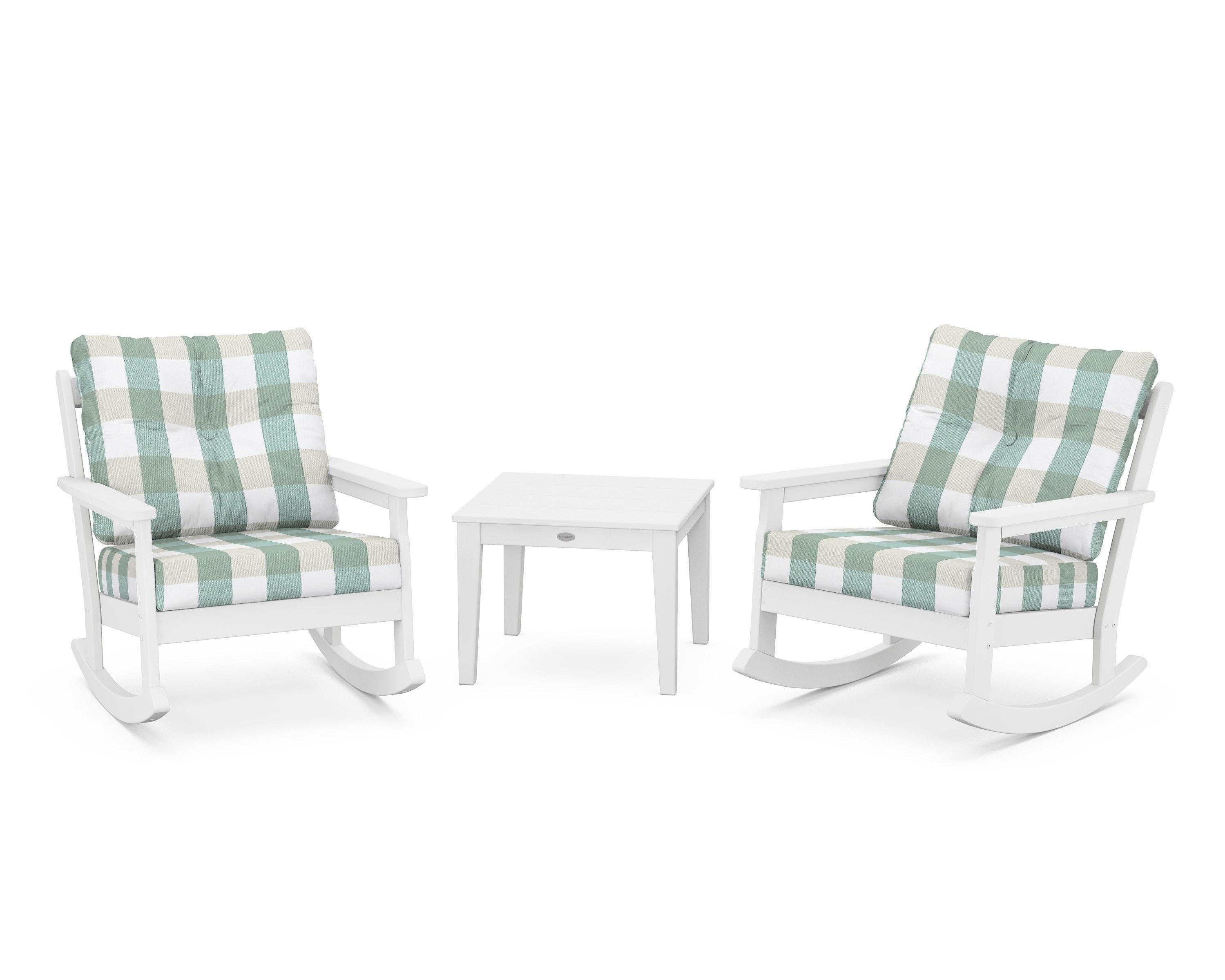 POLYWOOD® Vineyard 3-Piece Deep Seating Rocker Set in White / Buffalo Plaid Glacier Spa