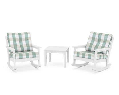 POLYWOOD® Vineyard 3-Piece Deep Seating Rocker Set in White / Buffalo Plaid Glacier Spa