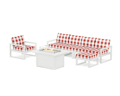 POLYWOOD® EDGE Sectional Lounge and Fire Pit Set in White / Buffalo Plaid Crimson